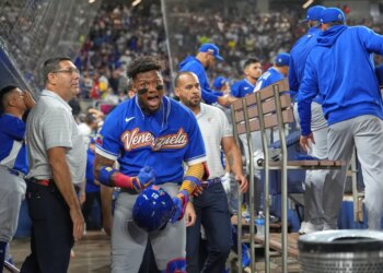 Venezuela's Ronald Acuna Jr. celebrates his single home run during the first inning of a World Baseball Classic quarterfinal game against Japan on Saturday, March 14, 2026, in Miami.