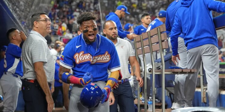 Venezuela's Ronald Acuna Jr. celebrates his single home run during the first inning of a World Baseball Classic quarterfinal game against Japan on Saturday, March 14, 2026, in Miami.
