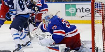 Dylan Garand #33 of the New York Rangers defends the net during the second period when the New York Rangers played the Winnipeg Jets Sunday, March 22, 2026 at Madison Square Garden in Manhattan, NY.