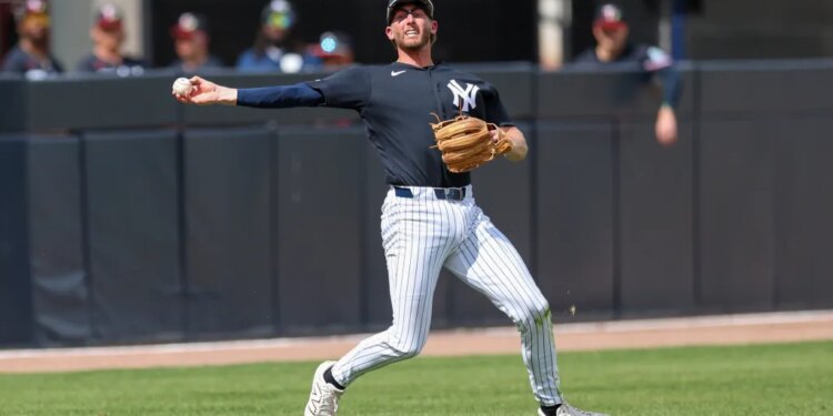 New York Yankees shortstop Ryan McMahon (19) throwing to first base.