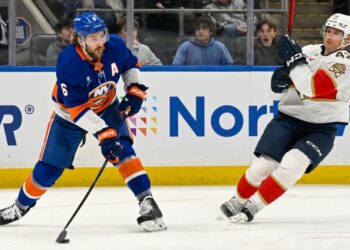 Ryan Pulock makes a pass during the Islanders' 5-4 win over the Panthers at UBS Arena on March 1, 2026.