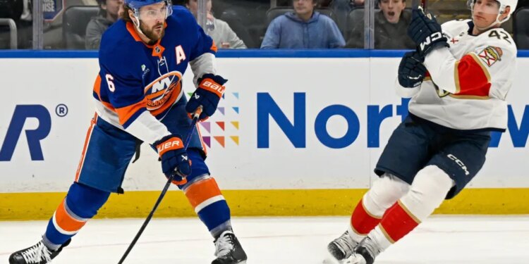 Ryan Pulock makes a pass during the Islanders' 5-4 win over the Panthers at UBS Arena on March 1, 2026.