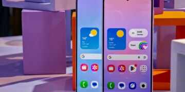 Samsung Galaxy A57 and A37 showing homescreens in front of colored cubes