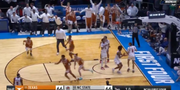 A basketball game with 1.0 seconds left on the clock and the score tied at 66 between Texas and NC State in the NCAA First Four.