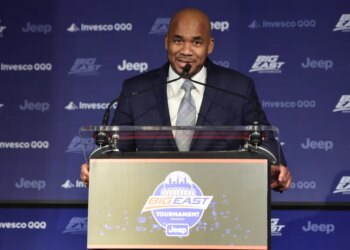Seton Hall head coach Shaheen Holloway talks to the media after being unanimously named the Big East Coach of the Year on March 11, 2026.
