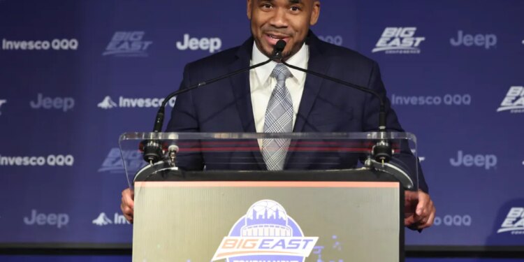 Seton Hall head coach Shaheen Holloway talks to the media after being unanimously named the Big East Coach of the Year on March 11, 2026.