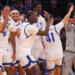 Seton Hall Pirates forward Jacob Dar (1) celebrates a three-point shot with teammates.