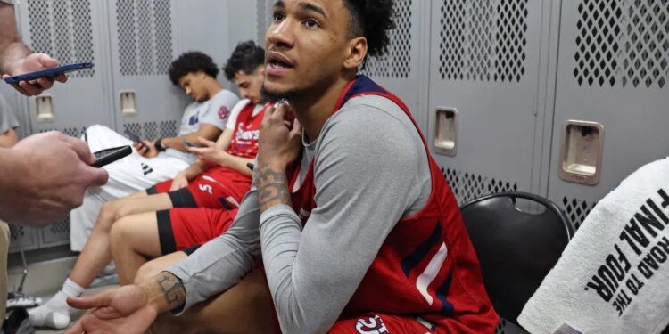 Red Storm forward Dillon Mitchell talks to the media on March 21, 2026 in preparation for St. John's second-round battle against Kansas in the NCAA Tournament.