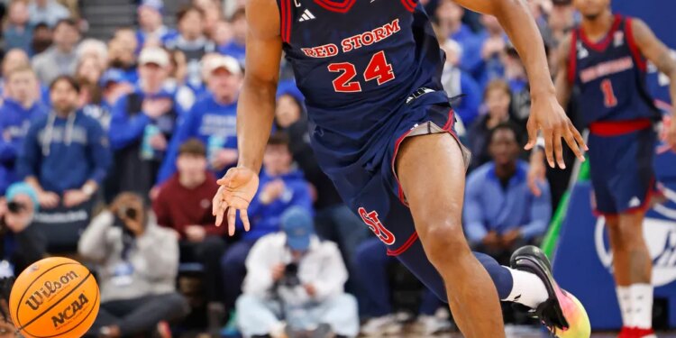 Zuby Ejiofor #24 of the St. John's Red Storm drives down court during the first half when the St. John's Red Storm played the Seton Hall Pirates Friday, March 6, 2026 at Prudential Center in Newark, NJ.