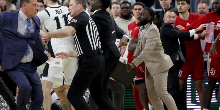 St. John's and Providence players brawl during the Red Storm's road win on Feb. 14, 2026.