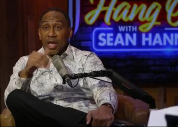 Stephen A. Smith talks during the debut episode of the "Hang Out with Sean Hannity" podcast.