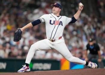 Tarik Skubal pitching for the U.S. against Great Britain during the World Baseball Classic on March 7, 2026.