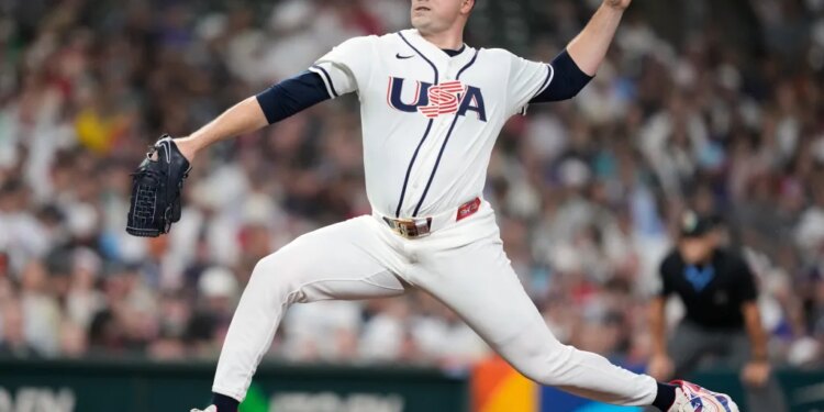 Tarik Skubal pitching for the U.S. against Great Britain during the World Baseball Classic on March 7, 2026.