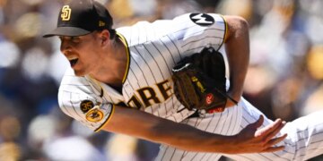 San Diego Padres pitcher Nick Pivetta in mid-delivery.