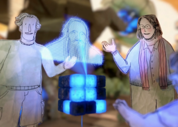 A still from a stop-motion animation depicting two adults and a child made of paper who are marveling at a hologram being projected from a glowing, Rubik’s cube-like object.