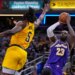 LeBron James in a purple Lakers jersey shoots a basketball while Jarace Walker in a yellow Pacers jersey defends.
