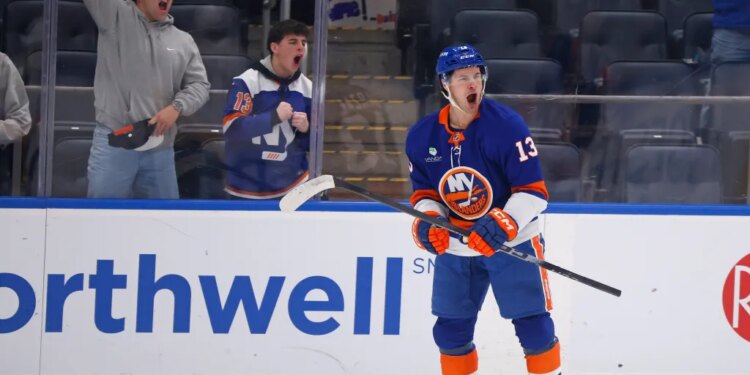 Mathew Barzal #13 of the New York Islanders reacts after he scores a goal during the first period when the New York Islanders played the Nashville Predators Saturday, January 31, 2026 at UBS Arena in Elmont, NY.