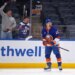 Mathew Barzal #13 of the New York Islanders reacts after he scores a goal during the first period when the New York Islanders played the Nashville Predators Saturday, January 31, 2026 at UBS Arena in Elmont, NY.
