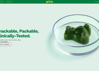 screenshot of Gruns’ science page which shows the text “snackable, packable, clinically tested” and a gummy bear in a petri dish.