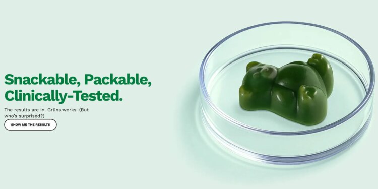 screenshot of Gruns’ science page which shows the text “snackable, packable, clinically tested” and a gummy bear in a petri dish.