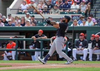 Jasson Dominguez belts a homer off Justin Verlander in the fourth inning of the Yankees' spring training loss to the Tigers at Joker Marchant Stadium on March 12, 2026.