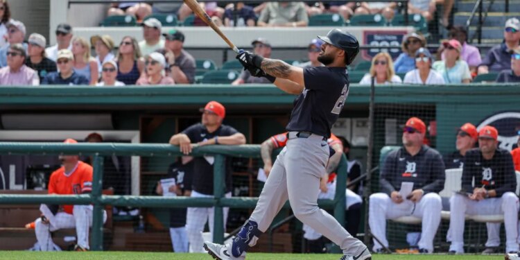 Jasson Dominguez belts a homer off Justin Verlander in the fourth inning of the Yankees' spring training loss to the Tigers at Joker Marchant Stadium on March 12, 2026.