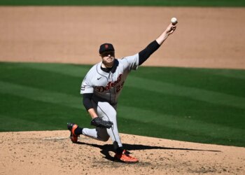 Detroit Tigers pitcher Tarik Skubal (29) throws a baseball from the mound.