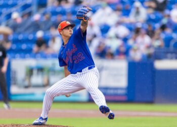 New York Mets pitcher Tobias Myers (32) throws in the first inning against the Washington Nationals during Spring Training Clover Field, Saturday, Feb. 28, 2026.