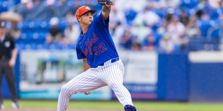 New York Mets pitcher Tobias Myers (32) throws in the first inning against the Washington Nationals during Spring Training Clover Field, Saturday, Feb. 28, 2026.