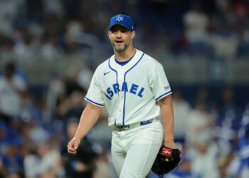 Israel pitcher Tommy Kahnle (43) looks on toward catcher C.J. Stubbs (not pictured) after the game against Nicaragua at loanDepot Park.