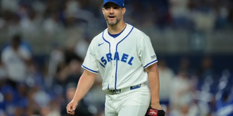 Israel pitcher Tommy Kahnle (43) looks on toward catcher C.J. Stubbs (not pictured) after the game against Nicaragua at loanDepot Park.