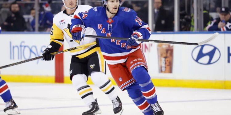 Newly acquired Ranger Tye Kartye on the ice in the first period at Madison Square Garden in New York, New York, USA, Saturday, February 28, 2026.