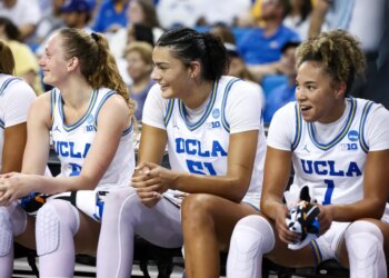 Gianna Kneepkens, Lauren Betts, and Kiki Rice reacting from the bench during a basketball game.