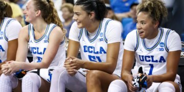 Gianna Kneepkens, Lauren Betts, and Kiki Rice reacting from the bench during a basketball game.