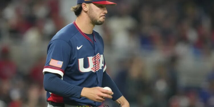 United States pitcher Paul Skenes walks back to the mound during a World Baseball Classic semifinal game.