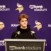 Minnesota Vikings quarterback J.J. McCarthy speaking at a news conference.