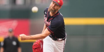 Atlanta Braves pitcher Chris Sale mid-pitch.
