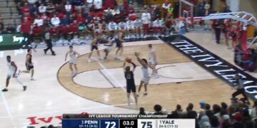 TJ Power attempts a 3-point for Penn during the Ivy League Tournament on March 15.