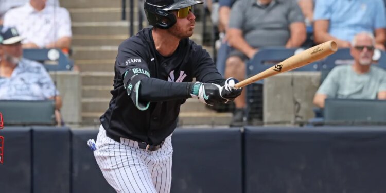 New York Yankees left fielder Cody Bellinger #35, flies out in the 1st inning.