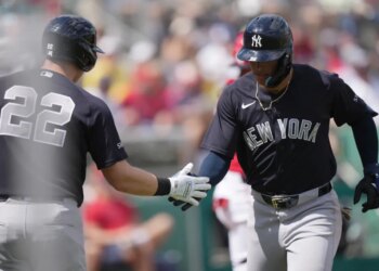George Lombard Jr. celebrates with Ben Rice after hitting a homer off Garrett Crochet in the first inning of the Yankees' 4-0 spring training win over the Red Sox on March 4, 2026.