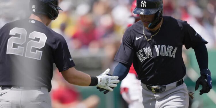 George Lombard Jr. celebrates with Ben Rice after hitting a homer off Garrett Crochet in the first inning of the Yankees' 4-0 spring training win over the Red Sox on March 4, 2026.