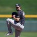 New York Yankees starting pitcher Gerrit Cole warms up during the first inning of a spring training baseball game against the Chicago Cubs, Tuesday, March 24, 2026, in Mesa, Ariz.