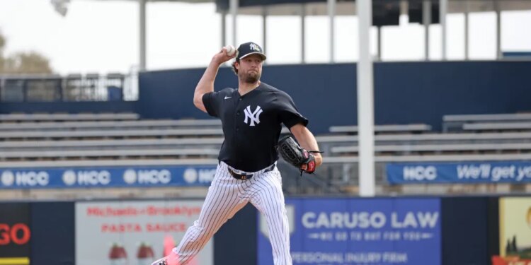 New York Yankees pitcher Gerrit Cole #45, throwing live batting practice during a workout at Steinbrenner Field in Tampa, Florida.