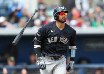 J.C.Escarra reacts after hitting a home run during the Yankees' 3-2 spring training win over the Rays on March 17, 2026.