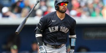 J.C.Escarra reacts after hitting a home run during the Yankees' 3-2 spring training win over the Rays on March 17, 2026.