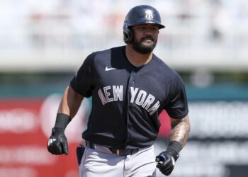 Yankees outfielder Jasson Dominguez rounds the bases after hitting a home run earlier in spring training.