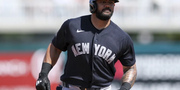 Yankees outfielder Jasson Dominguez rounds the bases after hitting a home run earlier in spring training.