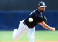 Luis Gil, throwing a pitch in his previous outing, threw five scoreless innings in the Yankees' 3-1 spring training win over the Orioles on March 20, 2026 at Steinbrenner Field.