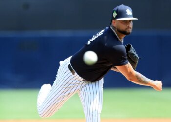 Luis Gil, throwing a pitch in his previous outing, threw five scoreless innings in the Yankees' 3-1 spring training win over the Orioles on March 20, 2026 at Steinbrenner Field.