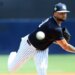 Luis Gil, throwing a pitch in his previous outing, threw five scoreless innings in the Yankees' 3-1 spring training win over the Orioles on March 20, 2026 at Steinbrenner Field.